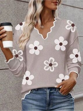Taupe Floral V-Neck Sweater with White Daisy Print-CC